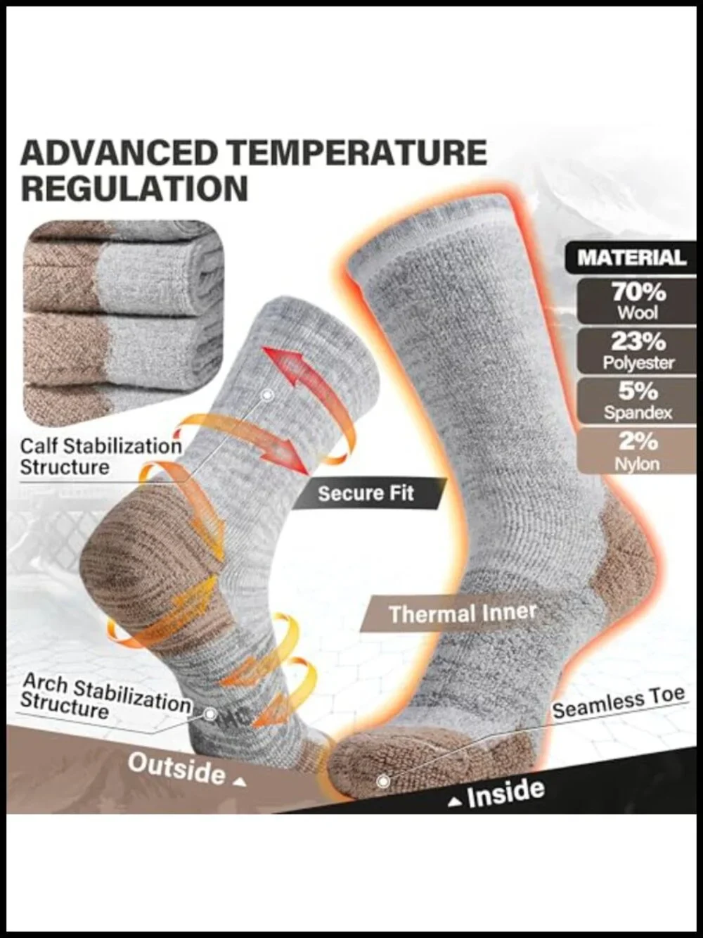Merino Wool Hiking Socks 4-Pack Full Cushion Crew Thermal